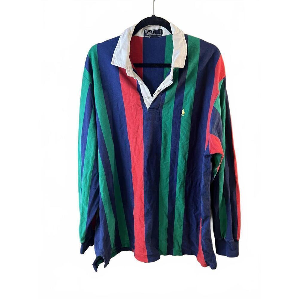 Polo Ralph Lauren Vintage 90's Men's Navy Green Red Striped Rugby Shirt XL